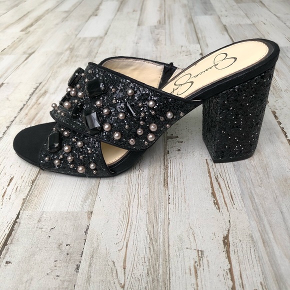 Jessica Simpson Rizell Black Chunky Glitter/Shimmer Slides Block Heel Size 8 - Picture 4 of 9